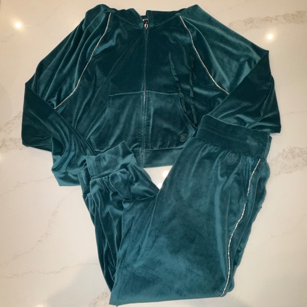 Victoria's Secret On Point Velour Tracksuit Set Teal Green Rhinestone XL/L
